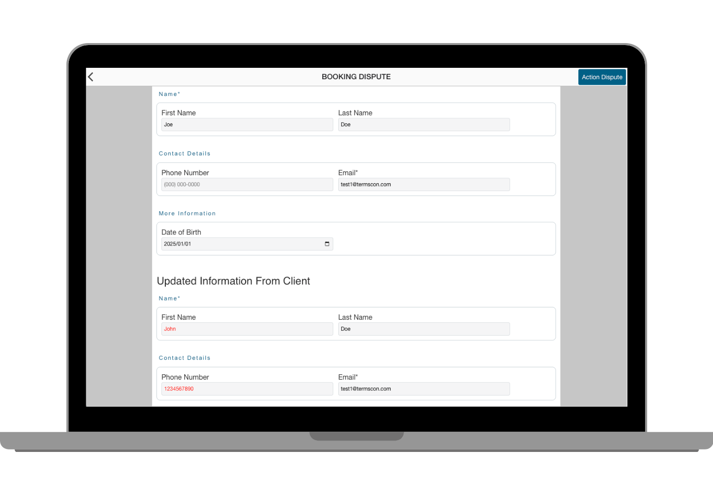 Client Booking Dispute Creation Interface