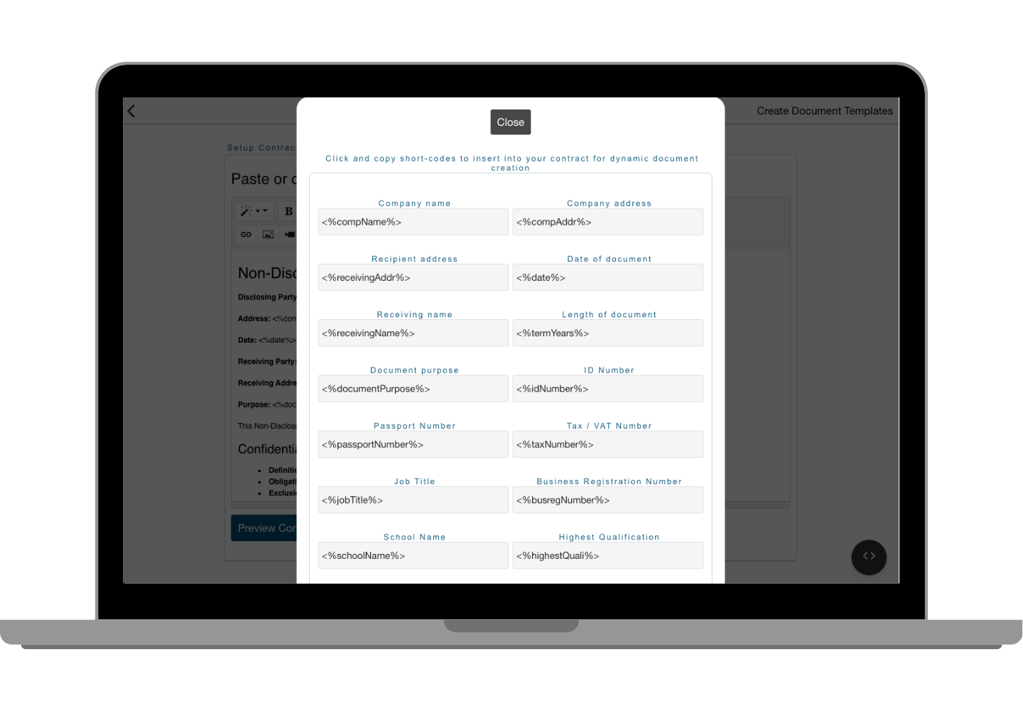 Document Short Codes Interface